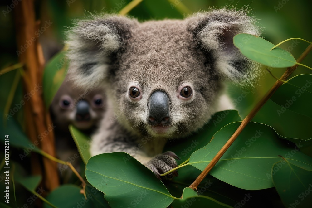 A cuddly baby koala is securely clinging to eucalyptus leaves while nestled among the greenery in an Australian forest during a warm afternoon A cuddly baby koala is securely clinging to eucalyptus leaves while nestled among the greenery in an Australian forest during a warm afternoon