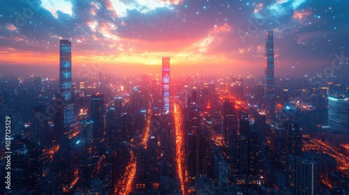 A vibrant city skyline at sunset, showcasing tall buildings and illuminated streets.