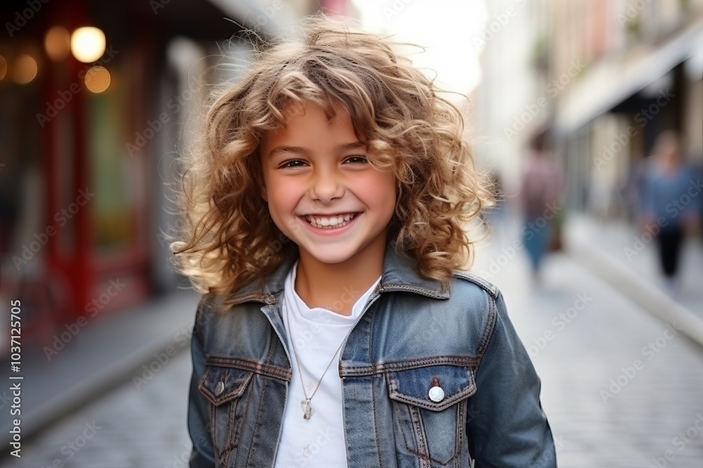 Portrait of a cute little girl with curly hair on the street Portrait of a cute little girl with curly hair on the street