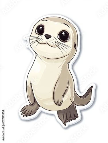 A cute cartoon illustration of a seal with big eyes and a small nose.