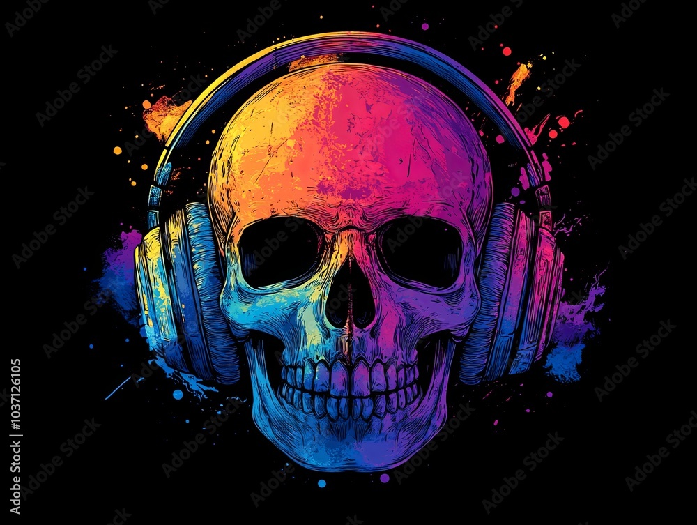 A colorful skull with headphones on a black background.