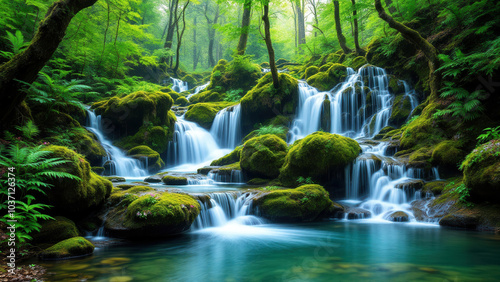 A long exposure photograph of a serene waterfall nestled in a lush, green forest.