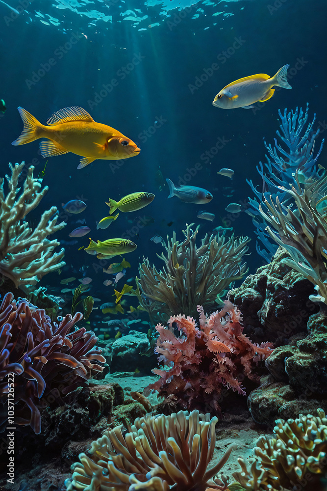 Obraz premium Dive into the vibrant beauty of ocean life with colorful fish, mesmerizing underwater plants, and diverse sea creatures. Experience the serene blue waters, a captivating underwater .