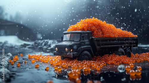 Road truck with full truck bed of red cavior background. photo