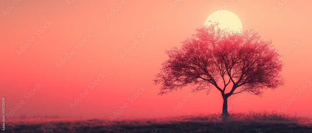 Fototapeta premium Solitary tree silhouette, soft pastel sky, delicate minimal branches, serene atmosphere, tranquil nature scene