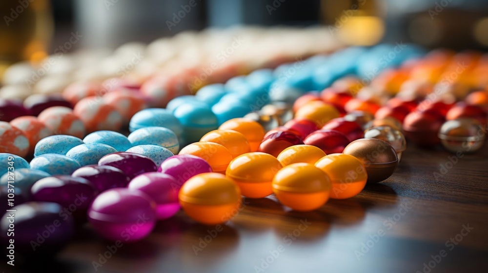 A row of colorful candies are displayed on a wooden table A row of colorful candies are displayed on a wooden table