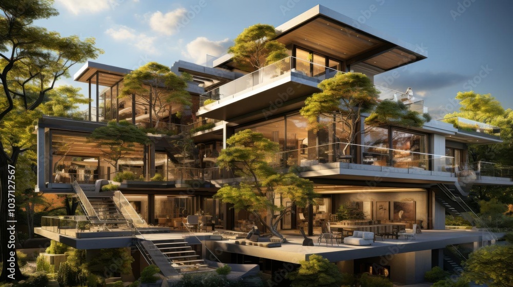 A large house with a lot of windows and a lot of greenery A large house with a lot of windows and a lot of greenery