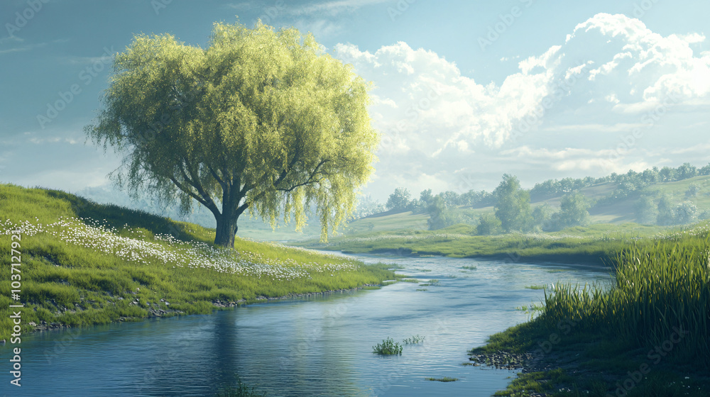 Obraz premium A serene landscape featuring a willow tree by a gently flowing river, symbolizing peace and reflection.
