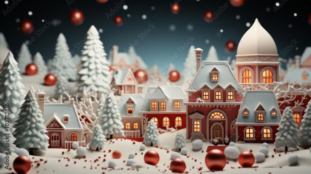 A Christmas scene with houses and trees, and a large red dome A Christmas scene with houses and trees, and a large red dome