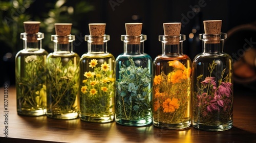 A row of six glass bottles with different colored flowers in them