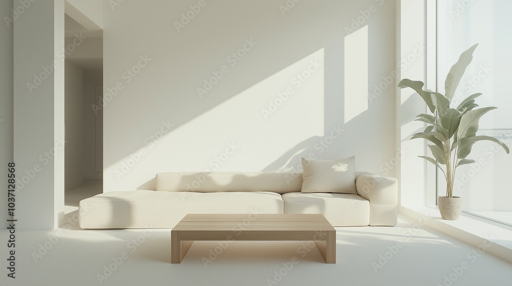 A modern, clean room with white walls and a soft beige couch. A large floor-to-ceiling window brings in natural light, and a minimalist wooden coffee table sits in the center. A modern, clean room with white walls and a soft beige couch. A large floor-to-ceiling window brings in natural light, and a minimalist wooden coffee table sits in the center.
