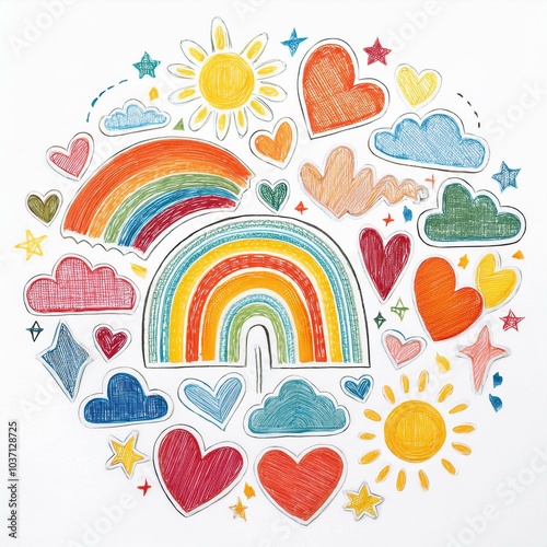 ensemble de dessins d'enfants en couleur en ia. arc en ciel, nuages, coeur, soleil, étoiles et feuilles