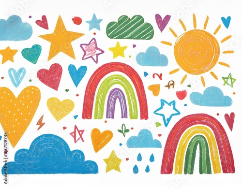 ensemble de dessins d'enfants en couleur en ia. arc en ciel, nuages, coeur, soleil, étoiles et feuilles