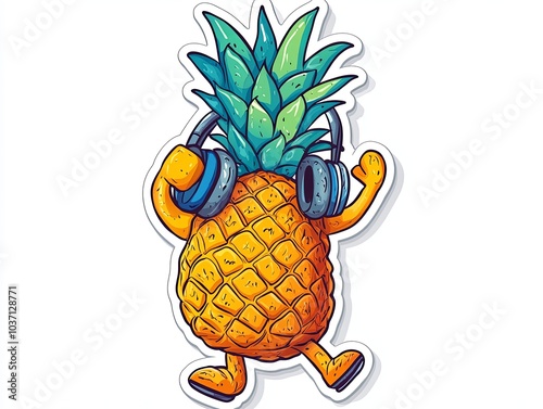 A cartoon pineapple wearing headphones and dancing.