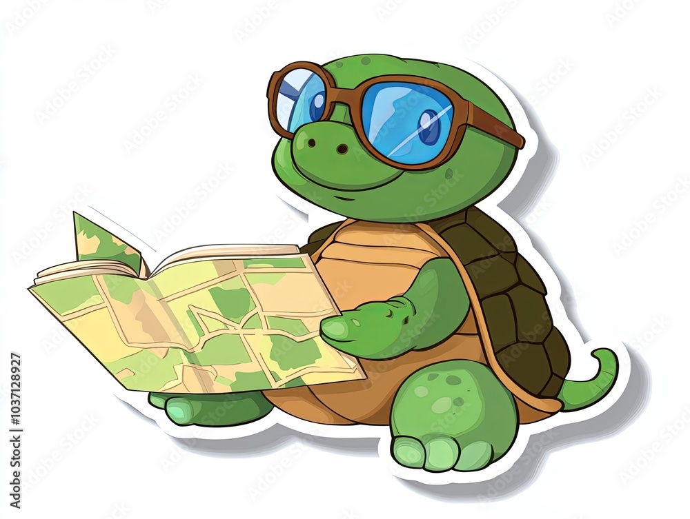 Fototapeta premium A cartoon turtle wearing glasses and reading a map.