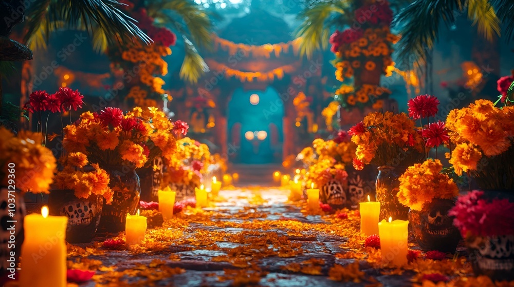Fototapeta premium Pathway Adorned with Flowers and Candles. 