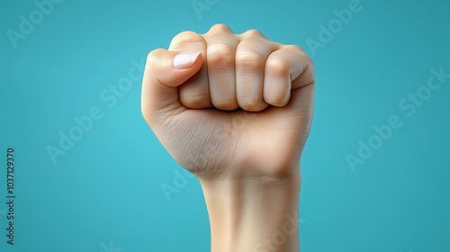 Powerful raised fist symbolizing strength and solidarity against turquoise background with copy space