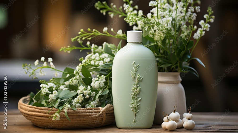 A bottle of perfume is displayed next to a basket of flowers A bottle of perfume is displayed next to a basket of flowers