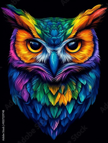 A colorful owl with vibrant feathers staring directly at the viewer on a black background.