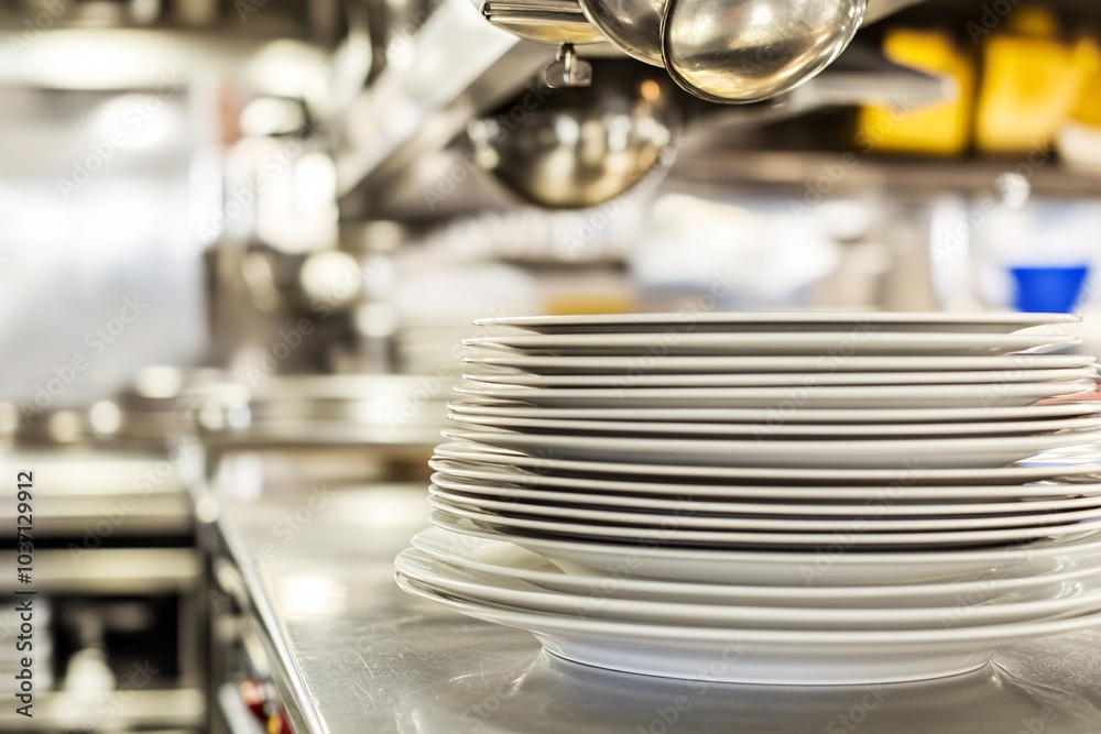 Stack of Clean White Plates in Restaurant Kitchen
