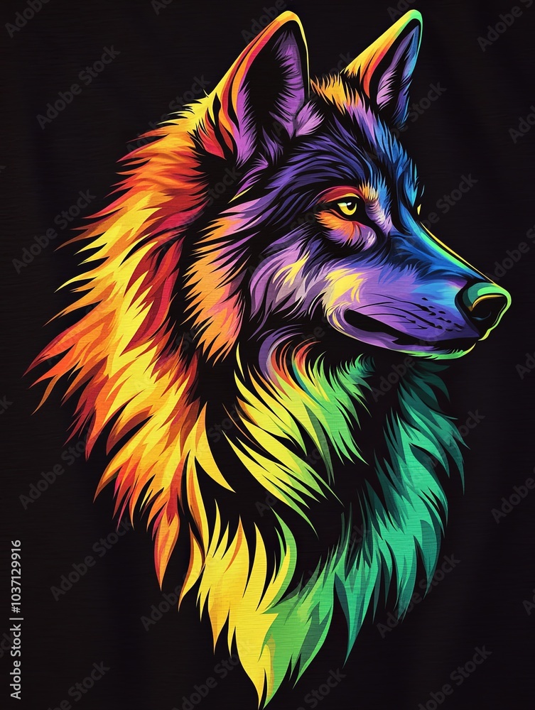 Fototapeta A colorful wolf with vibrant hues of red, yellow, green, and blue fur against a black background.