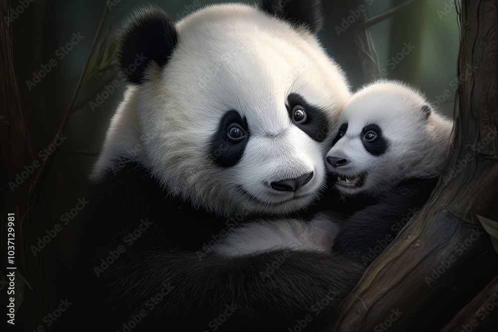 Naklejka premium Nestled in a lush bamboo forest a baby panda enjoys a warm embrace with its mother highlighting their adorable interaction and strong maternal bond