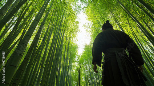 Samurai in Bamboo Forest: A lone samurai stands in awe, silhouetted against a towering bamboo grove, sunlight filtering through the dense canopy.  A serene yet powerful image evoking themes of peace. photo