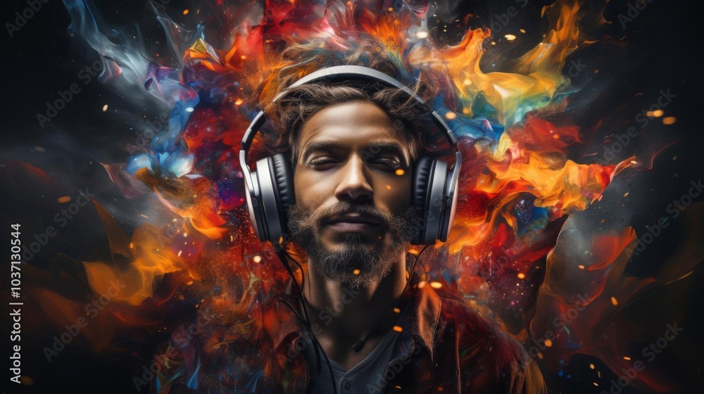 Obraz premium A man wearing headphones is surrounded by colorful smoke