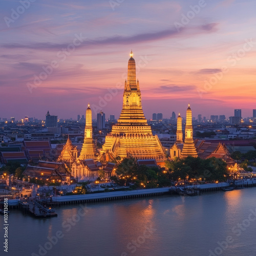 Golden Temple at Sunset:  A breathtaking view of Wat Arun Ratchawararam Ratchawaramahawihan, illuminated by the warm glow of the setting sun.