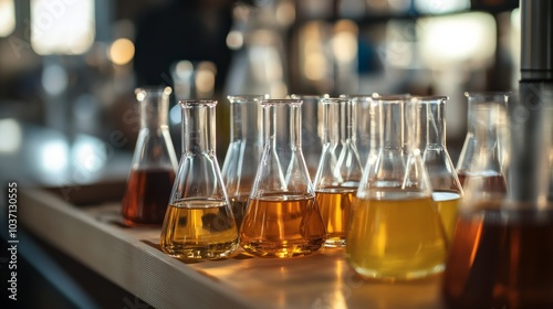 A collection of glass flasks filled with various colored liquids arranged on a wooden surface, showcasing a laboratory setting.