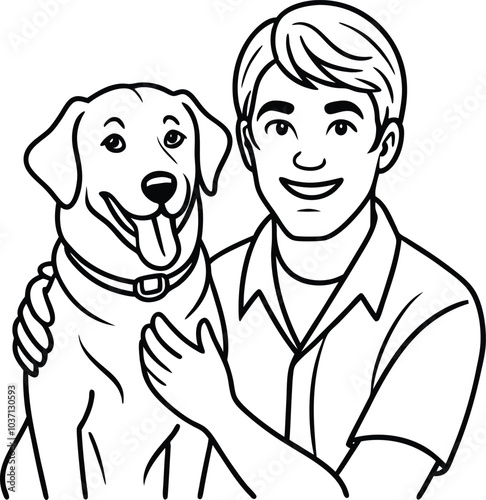 continuous line drawing of happy pet lover with dog vector design illustration on white background