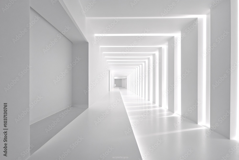 Fototapeta premium Minimalist White Corridor with Bright Lights and Geometric Shapes