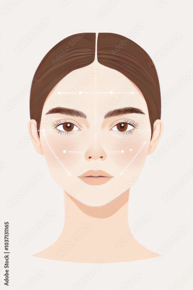 A minimalist illustration of a woman's face with facial guidelines for beauty and aesthetics.