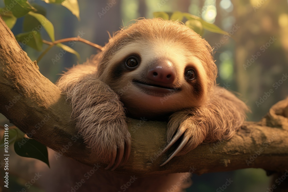 Fototapeta premium This adorable baby sloth clings to a branch gazing curiously with its peaceful expression in the vibrant green forest under daylight