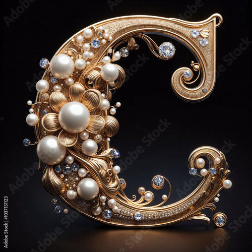 C. The letter of the Latin alphabet in the form of a luxurious openwork jewelry made of gold, decorated with precious stones, diamonds and pearls. On a black background.