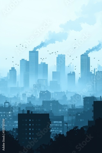 A misty cityscape with towering buildings and smoke, conveying an industrial atmosphere.