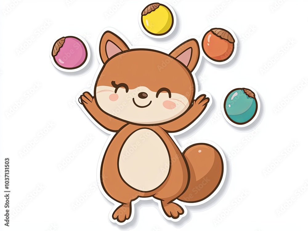 Fototapeta premium A cute cartoon squirrel with a big smile and four acorns around it.
