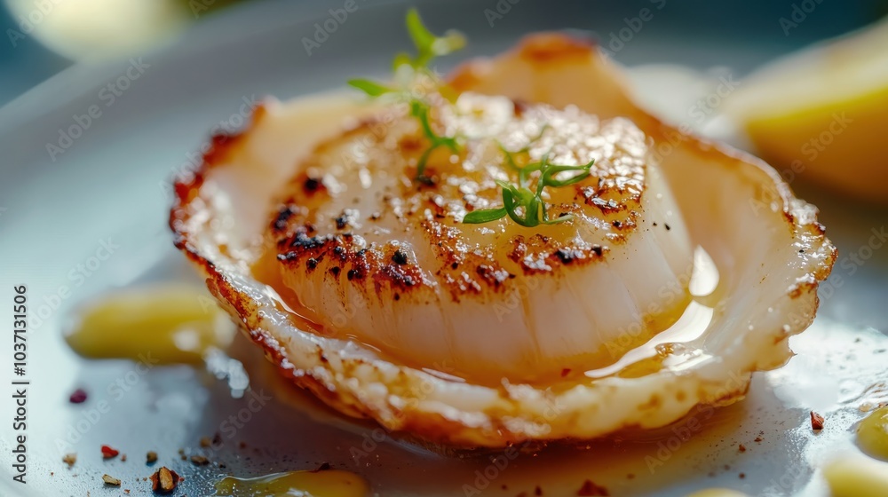 A macro shot of a grilled scallop drizzled with butter, with artistic garnish and a blurred background to emphasize the texture and golden sear of the seafood A macro shot of a grilled scallop drizzled with butter, with artistic garnish and a blurred background to emphasize the texture and golden sear of the seafood