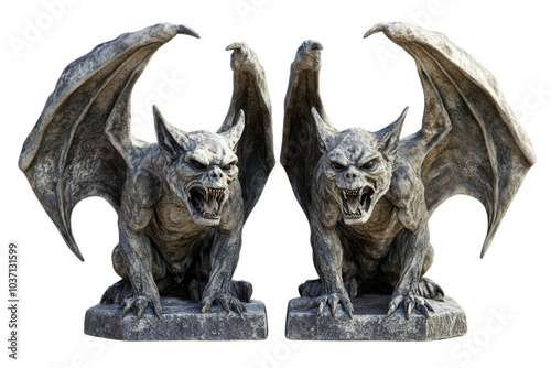 Pair of fierce gargoyle statues with detailed wings, isolated on transparent or white background