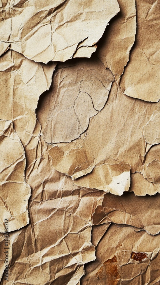 Layers of crumpled brown paper create a textured landscape of ridges, valleys, and torn edges, evoking a sense of age, decay, and forgotten stories. Layers of crumpled brown paper create a textured landscape of ridges, valleys, and torn edges, evoking a sense of age, decay, and forgotten stories.
