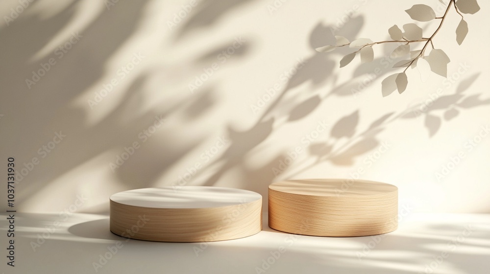 Minimalist wooden podiums cast gentle shadows on a white surface, evoking a serene, natural aesthetic perfect for product display or zen-inspired decor. Minimalist wooden podiums cast gentle shadows on a white surface, evoking a serene, natural aesthetic perfect for product display or zen-inspired decor.