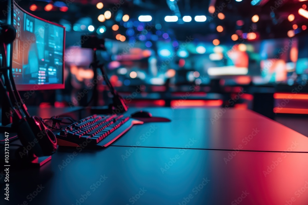 A close-up of a gaming setup with a keyboard, headset, and monitor. A close-up of a gaming setup with a keyboard, headset, and monitor.