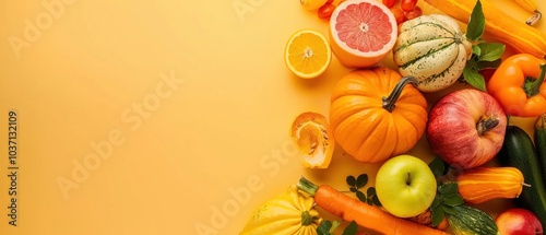 A pumpkin arranged with other fall vegetables and fruits like squash and apples on color background photo