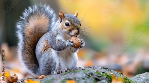 A Squirrel Enjoying a Nut Amidst Autumn Leaves in a Forest Setting AI Generated