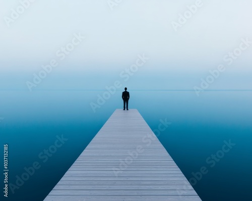 A solitary figure stands on a pier, gazing into a serene, misty horizon.