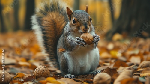 Squirrel Enjoying a Nut in the Autumn Forest AI Generated