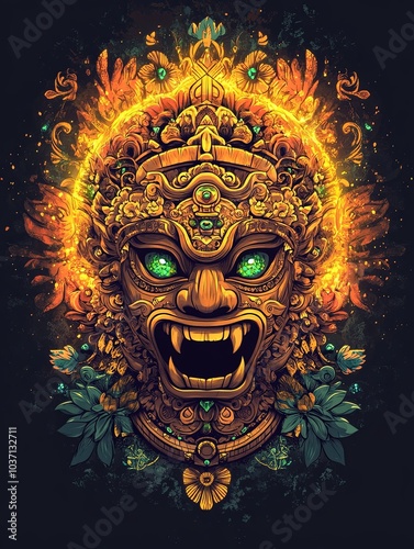 A fierce, gold, ornate, demonic mask with green eyes and fangs, surrounded by flames and floral designs on a black background.