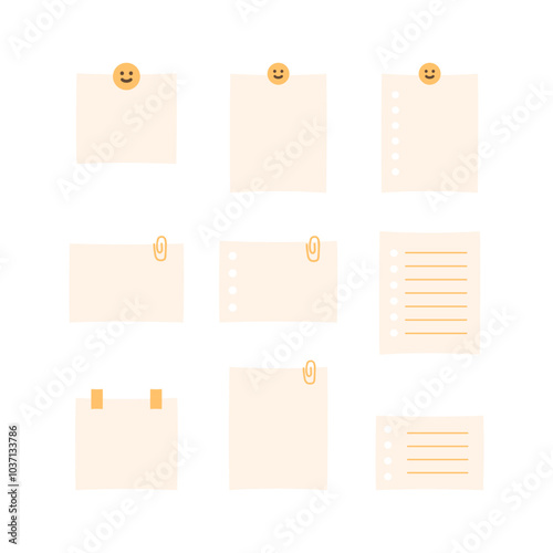 Smiley face memo note paper collection. Planner, organizer, reminder concepts. Flat minimal decorative vector design isolated illustration.