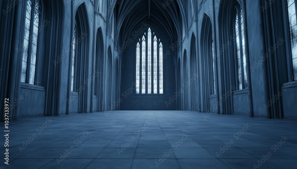 A spacious, dimly lit gothic hall with tall windows and intricate architecture. A spacious, dimly lit gothic hall with tall windows and intricate architecture.