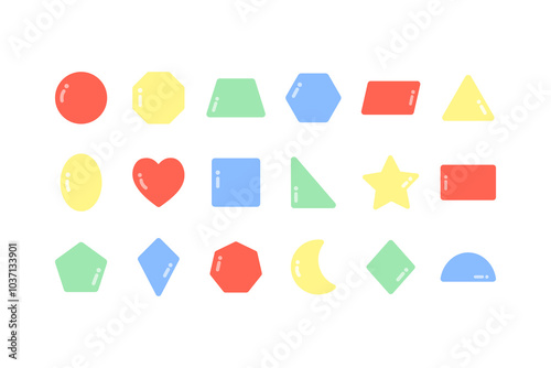 Colorful abstract geometric shapes set. Education, learning, preschool concept. Flat decorative vector design isolated illustration.